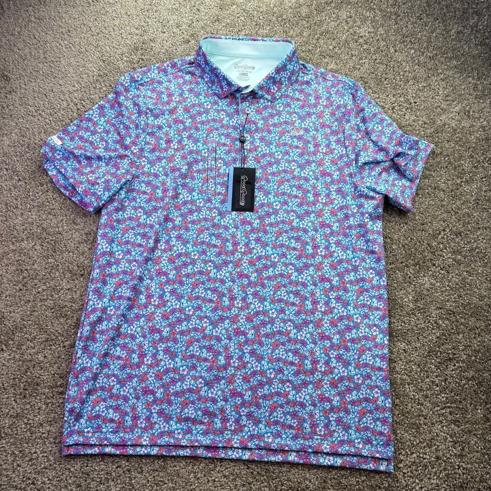 Good Good Golf Men's Size Large Hibiscus Berry Performance Polo NEW